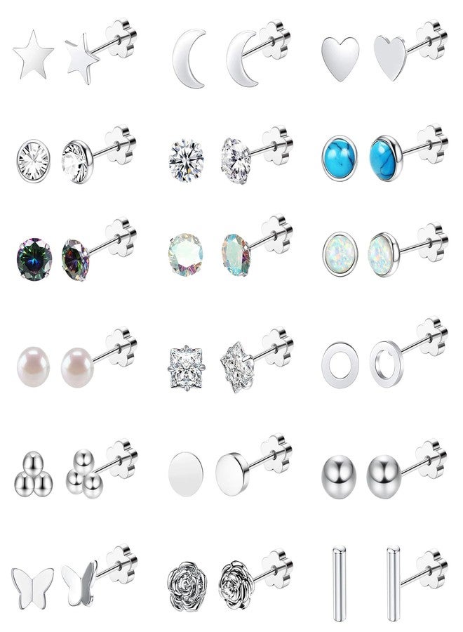Staligue 18-Pair Hypoallergenic Surgical Steel Earrings Set - 20G Flat Back Studs with CZ, Opal, Moon & Floral Designs for Sensitive Ears & Cartilage Piercing（Silvery） - Image 1